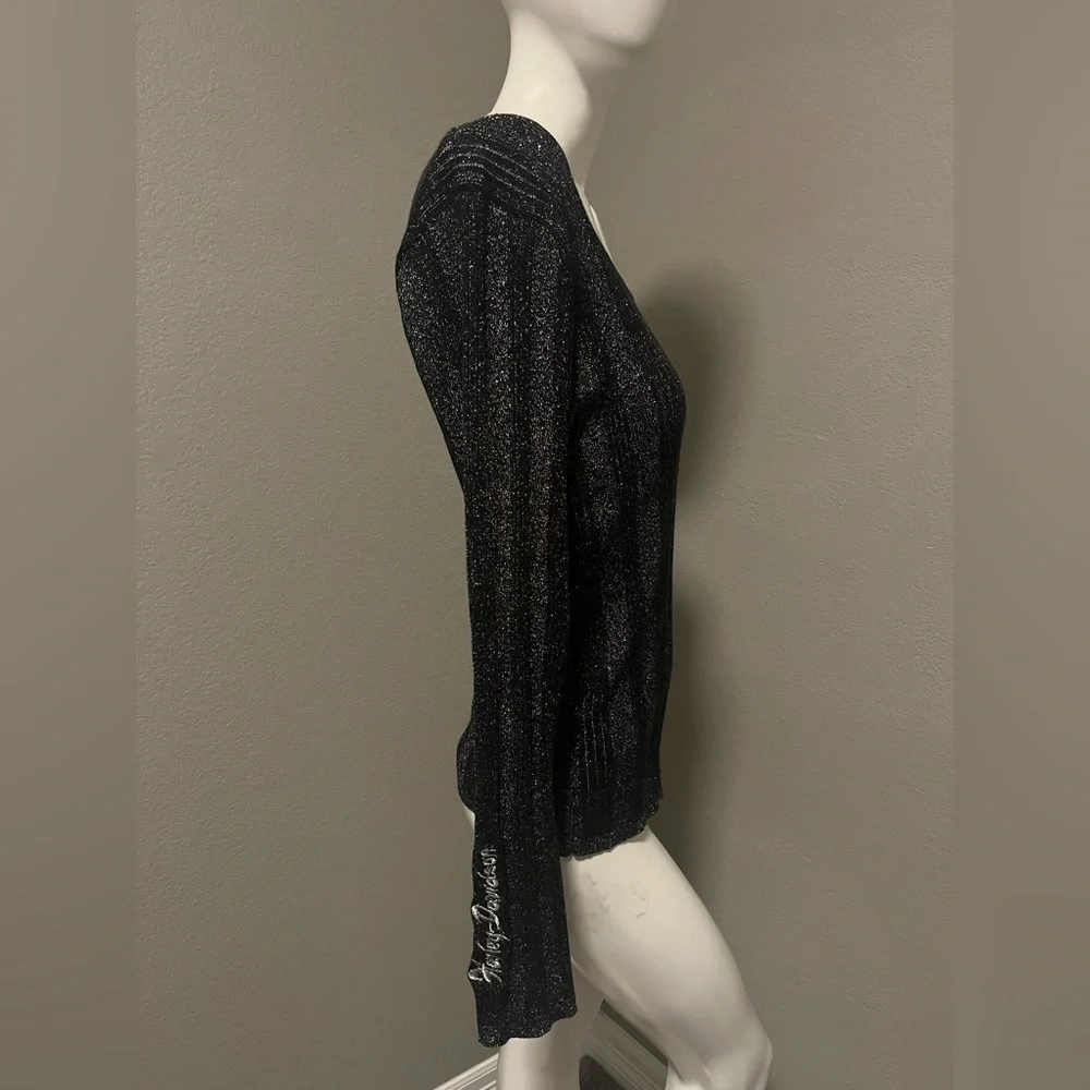 Harley-Davidson Women”s  Black & Silver Metallic LS Stretch Top Blouse Size XL - Picture 3 of 12